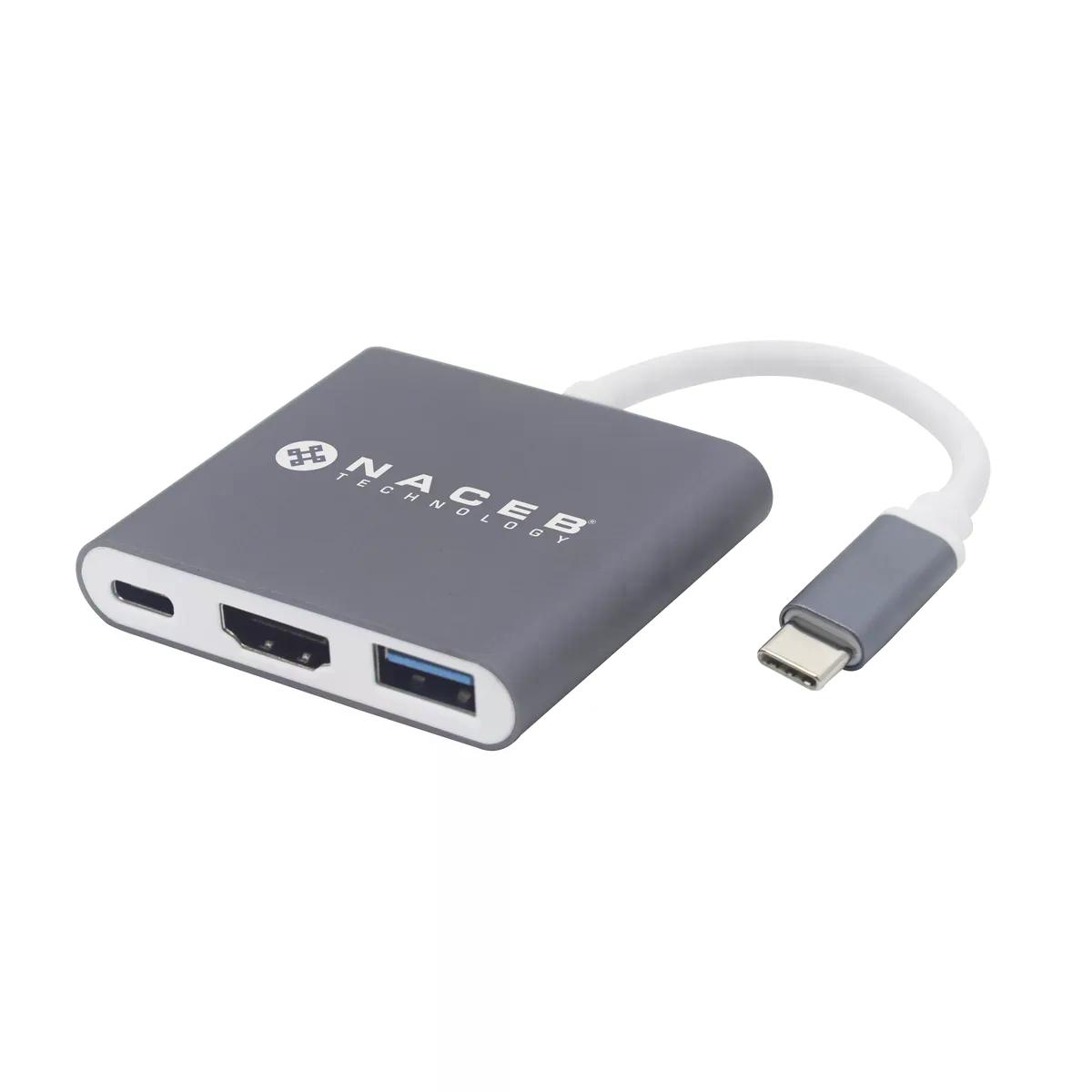 HUB NACEB USB 3.0 MACHO 1X USB 3.2 1X HDMI USB C HEMBRA 5 GBIT S GRIS BLANCO