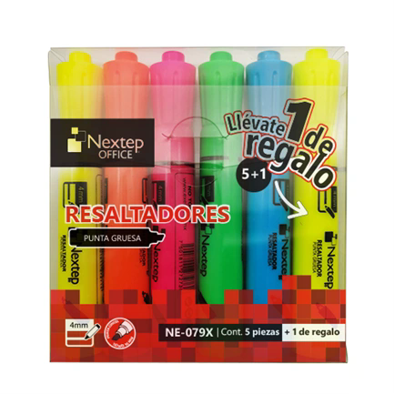 JUEGO DE MARCADORES RESALTADORES NEXTEP 5 COLORES, PUNTA CINCEL 4MM NE-079X