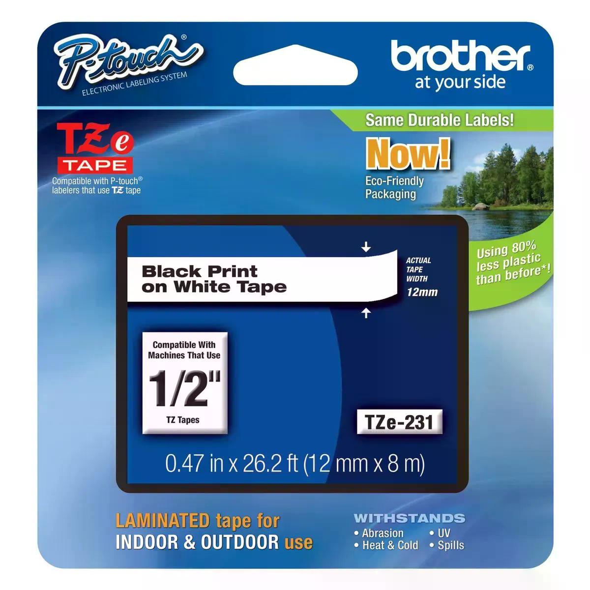CINTA BROTHER TZE231G LAMINADA 12MM SUPER ADHESIVA TEXTO NEGRO SOBRE FONDO BLANCO 8M