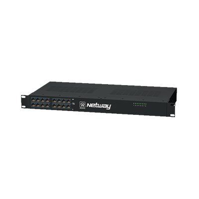 Midspan de 8 puertos, montaje en rack de 19". Ofrece alimentación PoE a los dispositivos alcanzando distancias de hasta 600m.
