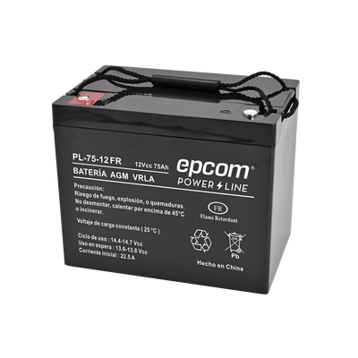 Batería 12 Vcc / 75 Ah /  UL / Tecnología AGM-VRLA / Retardante a la flama/ Uso en: Aplicaciones fotovoltaicas / Terminales tipo M6  / Cargador recomendado CHR-250. 