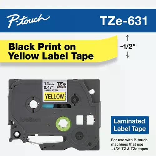 CINTA BROTHER LAMINADA TZE631G TEXTO NEGRO SOBRE CINTA AMARILLA 12MM X 8M