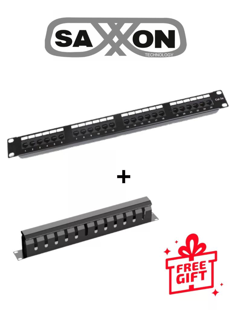 SAXXON KIT - Patch Panel 24 puertos / CAT 5E / 19 Pulgadas + GRATIS Organizador de cables horizontal con tapa para rack de19" / 1UR