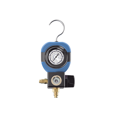 Manifold de Refrigeración AM1V 1 Válvula / Escala Compatible R22 R32/R410A R404A R407C / Interfaz 1/4" SAE / Diámetro 90 mm / Rango de Presión -30 inHg - 500 psi / Diseño Integrado Resistente a Impactos