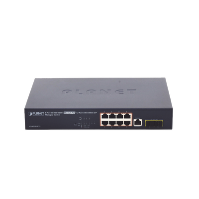 Switch Administrable Capa 2, 8 Puertos PoE 802.3af/at Gigabit, 140 W Max, 2 Puertos SFP, Modo Extendido Hasta 250 m, Soporta Administración en Nube CloudNMS ( HW Rev. 3.0 en Adelante). 