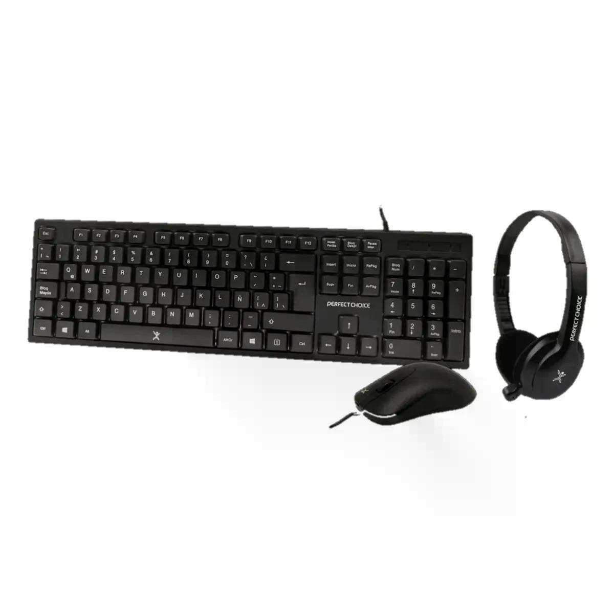 KIT DE TECLADO MOUSE Y AUDIFONOS PERFECT CHOICE PC 201717 ALAMBRICO USB NEGRO