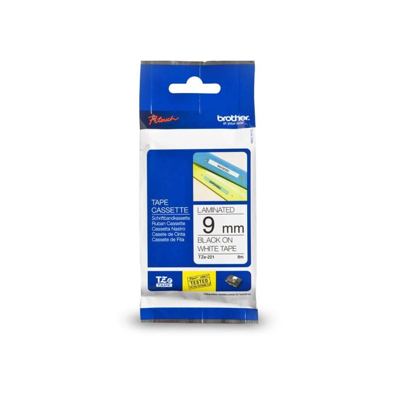 CINTA BROTHER LAMINADA NEGRO SOBRE BLANCO 9MM X 8M TZE221