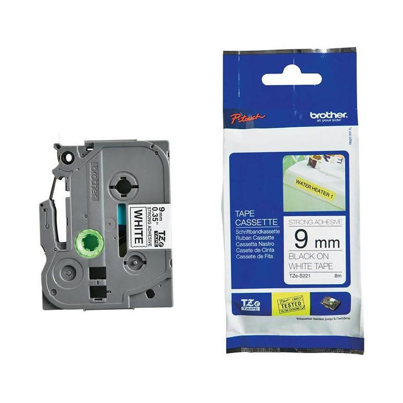 CINTA BROTHER LAMINADA ADHESIVA NEGRO SOBRE BLANCO 9MMX8M TZES221
