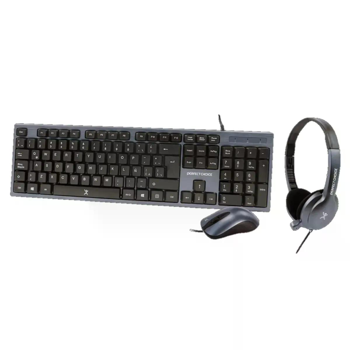 KIT DE TECLADO MOUSE Y DIADEMA CON MICROFONO PERFECT CHOICE PC 201700 INTEGRADO ALAMBRICO NEGRO
