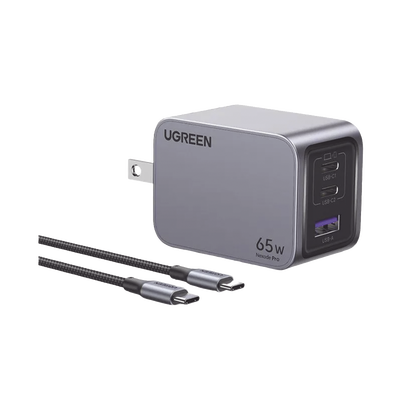 Cargador de 65W serie Nexode Pro | 3 Puertos de Carga Rápida | 2 USB-C | 1 USB-A | Tecnología GaNInfinity | PD3.1 de 65W / QC4.0 | Tecnología de Protección Térmica | Optimiza la Carga | Caja de Aluminio | Incluye Cable U