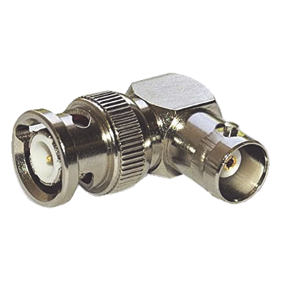 Adaptador en Ángulo Recto para 75 Ohm, de Conector BNC Macho a BNC Hembra (Monitor), Níquel/ Oro/ Teflón.