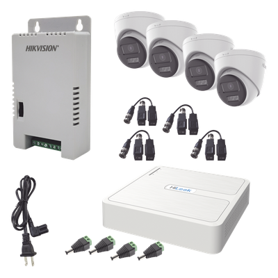 Kit HiLook Audio Bidireccional TurboHD 1080p / DVR 4 Canales / 4 Cámaras Eyeball (Exterior) con Bocina y Microfóno Integrado / 1 Fuente de Poder / Accesorios