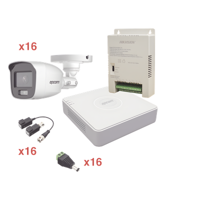 Kit TurboHD 1080p Lite / DVR 16 Canales / 16 Cámaras Bala Exterior ( 2.8mm) con ColorVu + Micrófono Integado / Transceptores / Conectores / Fuente de Poder Profesional