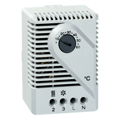 Termostato Mecánico para Gabinetes / 115V AC / Rango 10°C a 60°C / Montaje Riel DIN 35 mm / Contacto Snap-Action / Gris Claro RAL 7035
