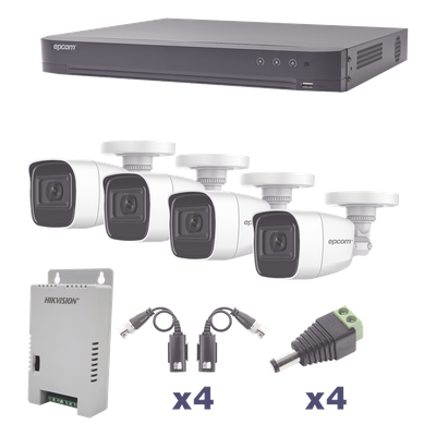 KIT TurboHD 1080p / DVR 4 Canales / 4 Cámaras Bala Policarbonato con Audio Integrado (exterior 2.8 mm) / Transceptores / Conectores / Fuente de Poder Profesional