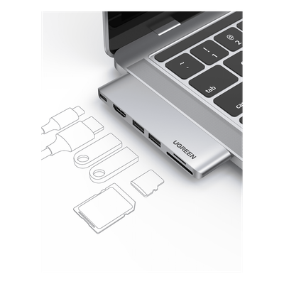 Hub USB-C 6 en 1 / 2xUSB-A 3.0 (5Gbps) / HDMI 4K@30Hz / Puerto PD 100W / Lector SD+MicroSD / Aluminio / Compatible Thunderbolt 3 / Compacto 110x29x8.5mm - Imagen 3
