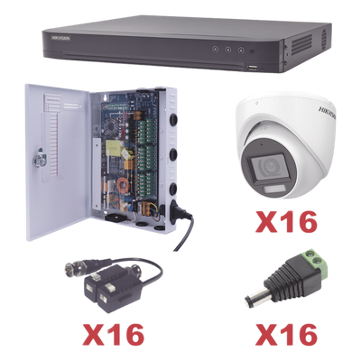 KIT TurboHD 1080p / DVR 16 Canales / 16 Cámaras Turret con Audio Integrado (Exterior 2.8 mm) / Transceptores / Conectores / Fuente de Poder Profesional