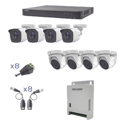 KIT TurboHD 1080p / DVR 8 Canales / 4 Cámaras Bala (exterior 2.8 mm) / 4 Cámaras Eyeball (exterior 2.8 mm) / Transceptores / Conectores / Fuente de Poder Profesional hasta 15 Vcc para Largas Distancias