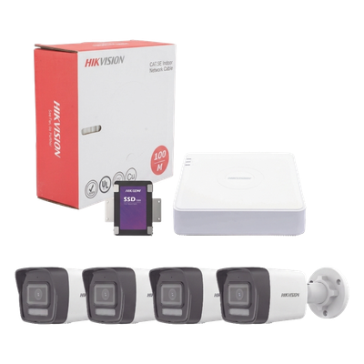 Kit IP 4 Megapixel / NVR de 4 Canales con 4 Puertos PoE / 4 Cámaras IP Bala Dual Light (IR + Luz Blanca) con Microfono Integrado y ACUSENSE Lite para Exterior/ Bobina de Cable de 100 mts / SSD de 1 TB