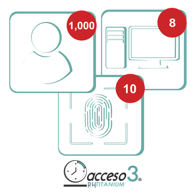 [BAJO PEDIDO] Licencia para software de Tiempo & Asistencia compatible con SISTEMAS DE NOMINA / 1,000 Empleados / 10 Relojes checadores / 10 PC / Acceso3 - TITANIUM