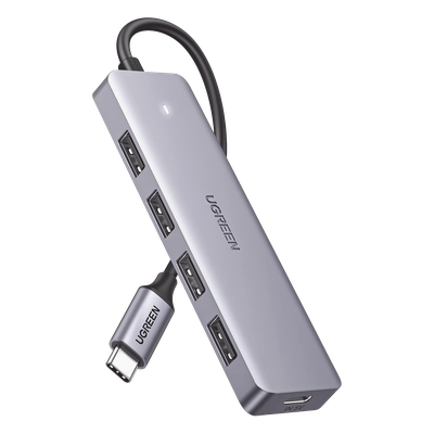 HUB USB-C 3.0 4 EN 1 | 4 Puertos USB-A (5Gbps) | Carcasa ABS + PC | Soporta OTG | Luz Indicadora LED | Compatible con iPhone 15 Pro MAX) | Interfaz Niquelada | Color Gris Metalizado | Cable de 15cm.