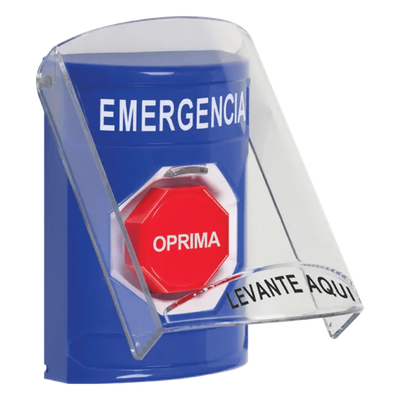 ​Botón Multipropósito, Color Azul, De Superficie, Con Tapa De Policarbonato, Sin Bocina Pre Alarma, Solo Interior, Llave Para Restablecer, Texto De Emergencia, Español