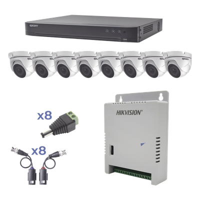 KIT TurboHD 1080p / DVR 8 Canales / 8 Cámaras Eyeball (exterior 2.8 mm) / Transceptores / Conectores / Fuente de Poder Profesional hasta 15 Vcc para Larga Distancia