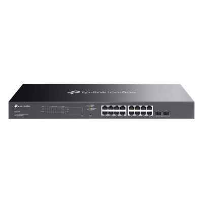 Switch Smart Omada 18 Puertos Gigabit / 16 Puertos PoE+ 802.3af/at / 2 Ranuras SFP Gigabit / Presupuesto PoE 150 W / Switching 36 Gbps / Enrutamiento Estático L2+ / Gestión Cloud SDN / Fanless / Montable en Rack