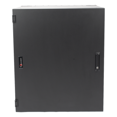 Gabinete de Montaje en Pared / 18U / 737 mm (29 in) Ancho / 762 mm (30 in) Profundidad / Paneles Laterales Ventilados / Puerta Sólida Frontal / Placa Trasera Abatible con Knockouts / Cerradura con Llave / Negro