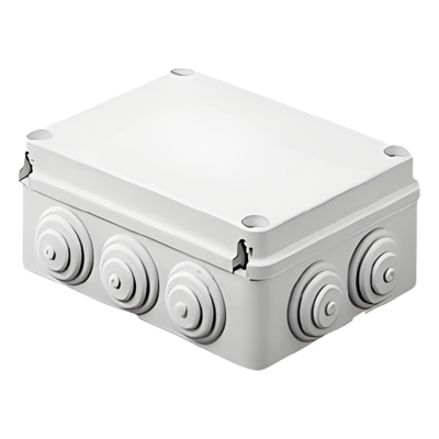 Caja de derivación de PVC Auto-extinguible con 10 entradas, tapa atornillada, 190 x 140 x 70 MM, Para Exterior (IP55)