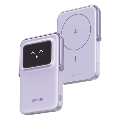 Power Bank Serie UNO Inalambrico | 10000mAh | 7.5W/20W  |  Con Emojis de Estado | Carga Rápida USB-C Bidireccional  | Pantalla TFT  Inteligente | Con Holder | Color Purple.