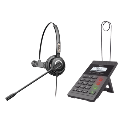 Kit Fanvil para Call Center incluye teléfono IP X2CP Y diadema HT201 y fuente de alimentación. 