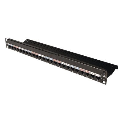 Patch Panel / 24 Puertos / Modular Vacío / Plano / 1UR / Cat 6A Blindado / Acero Negro