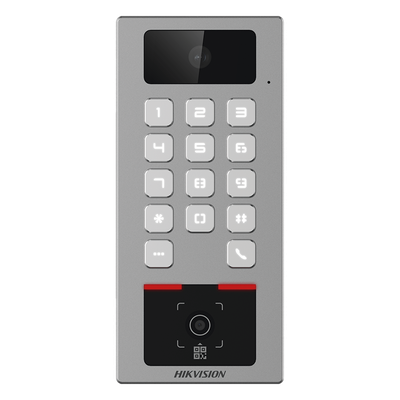 Teclado con Lector Físico de QRs para Exterior Antivandálico IP65 & IK09 con función de Videoportero Multiapartamento / Tarjeta, Código QR, PIN o App HikConnect  / Cámara 2 MP compatible con NVRs / Soporta b