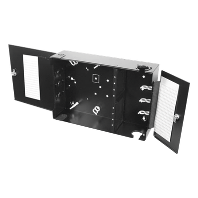 Caja de Conexión de Fibra Óptica, para Montaje en Pared, hasta 192 Puertos LC o SC (Acepta 8 Placas Acopladoras), Color Negro