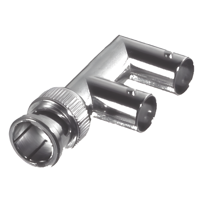 Adaptador Triple en F para 75 Ohm, de Conector BNC Macho a Doble BNC Hembra, Níquel/ Oro/ Delrin.