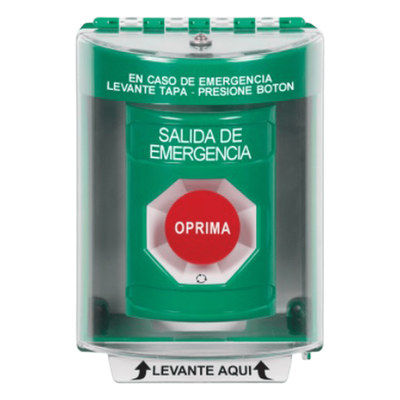 Botón de Salida de Emergencia, Cubierta de Policarbonato Súper Resistente de Superficie con Espaciador, Activación de Acción Mantenida, Con Bocina de Advertencia