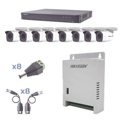 KIT TurboHD 1080p / DVR 8 Canales / 8 Cámaras Bala (exterior 2.8 mm) / Transceptores / Conectores / Fuente de Poder Profesional hasta 15 Vcc para Larga Distancias