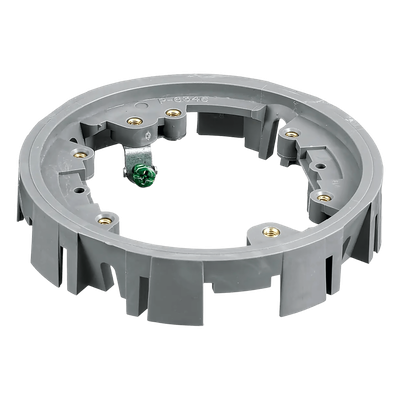 Adaptador para Cajas de Piso de Concreto / Serie PFB Redonda / Material PVC Termoplástico / Montaje con Tornillos / 4 Ganchos Incluidos / Clips Deslizantes / Acepta Tapas Plásticas y Metálicas / Color Gris