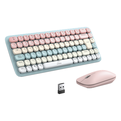 Paquete de Teclado y Mouse | 85 teclas en Español | Bluetooth y 2.4GHz |  Mouse Ambidiestro  | Sensor de DPI ajustable | Efectos de Iluminación del Teclado | Amplia compatibilidad | Color Rosa.