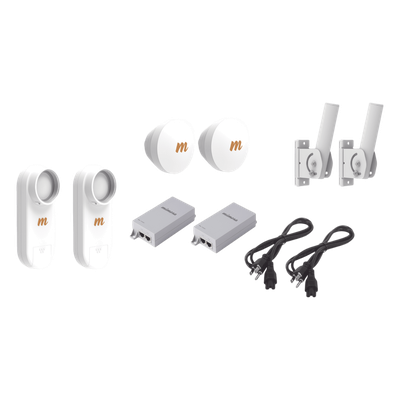 Kit de 2 radios C5X con 2 antenas de (16 dBi),  rango de frecuencia extendida (4.9 a 6.4 GHz),  incluye inyector POE, cable de alimentación y 2 FLEXIMOUNT-XL para alineación, distancia de hasta 6 km