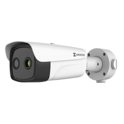 (HIKMICRO) Bala IP Bi-Espectral / Térmica (388 X 288 / 35 mm) + Óptica (4 MP / 12.4 mm) / IA GUANLAN / Rango: -20°C a 150°C / 8°C Tolerancia / Detección de Fuego y Humo / Alarma Visual y Audible / Dual Light / PoE / Antico