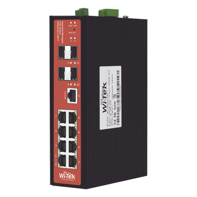 Switch Industrial Administrable / PoE Mixto 24/48V / 8 Puertos Gigabit + 4 SFP / Puertos 3-4 802.3 af/at/bt 60W / Protección 8kV / Riel DIN