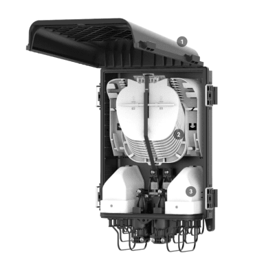 HUB Box Preconectorizada EASYCONN® de FiberHome para Exterior, IP68, Hasta 96 Empalmes, Incluye 2 Splitters 1*4 - Imagen 4