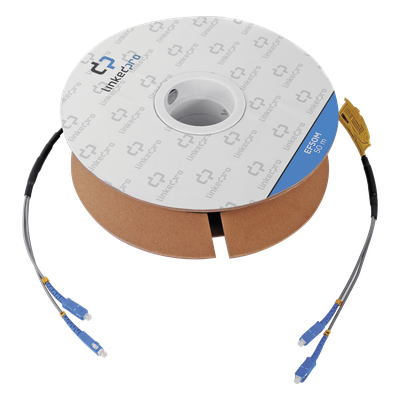 Carrete de Fibra Óptica Monomodo con conectores SC-SC Duplex, Reforzada con Kevlar, de 50 metros