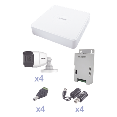 KIT TurboHD con Audio 1080p / DVR 4 Canales / 4 Cámaras Bala (exterior 2.8 mm) / Transceptores / Conectores / Fuente de Poder / AUDIO POR COAXITRON