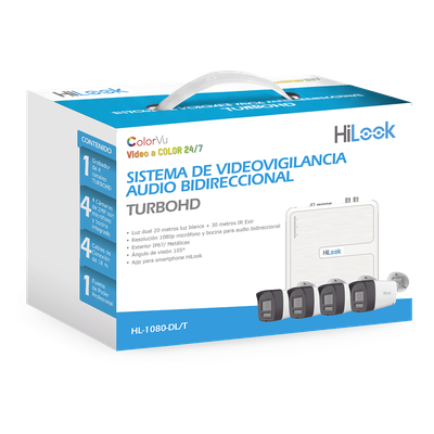 Kit TurboHD 1080p / DVR 4 canales / 4 Cámaras Bala de Policarbonato / Audio Bidireccional / Dual Light (IR + Luz Blanca) / H.265+ / 1 Fuente de Poder Profesional / Accesorios de Instalación