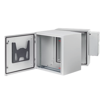 Gabinete Industrial ProTek de 12 UR Puerta Sólida de 612 x 600 x 789 mm Con Aire Acondicionado de 2000 BTU, Protección NEMA Tipo 4/12; IP66; IK10, Abatible, Fabricado en Acero, Color Gris Claro