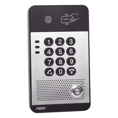 Vídeo Portero IP con 2 líneas SIP, cámara HD, relevador integrado, teclado numérico y lectora de tarjetas RFID para control de acceso, PoE