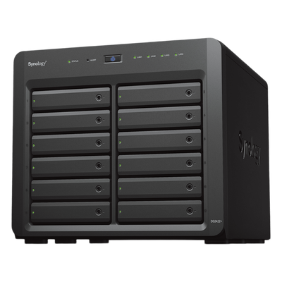 NAS Synology DiskStation DS2422+ | 12 Bahías | Expandible a 24 Bahías | Procesador AMD Ryzen Quad-Core | Hasta 32 GB DDR4 ECC | Caché NVMe SSD | Redes 10/25GbE | Compatible con Virtualización y Vigilancia.
